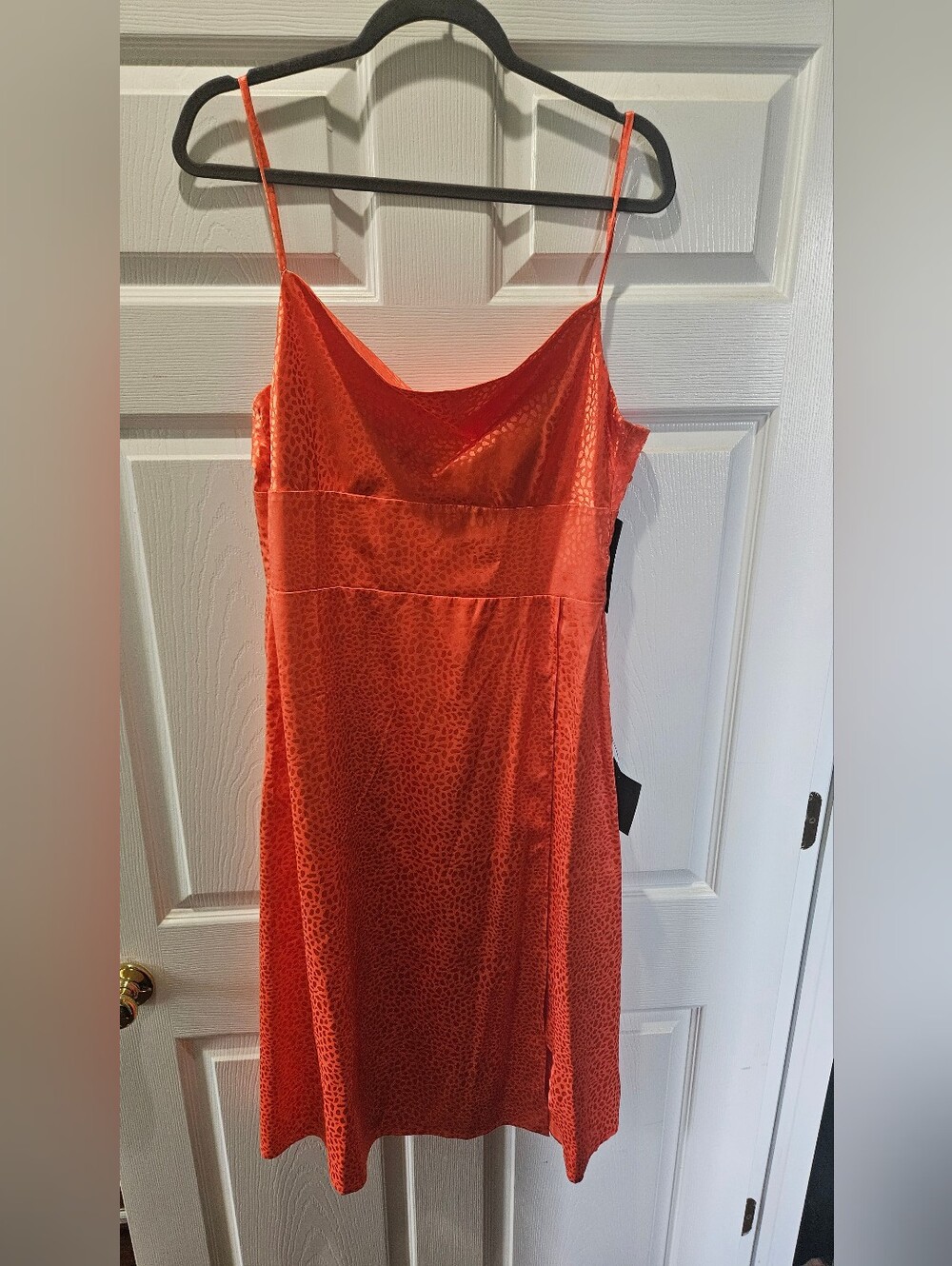 NWT Lulus Fiercely Chic Coral Orange Satin Jacquard Cowl Midi Dress - Size L